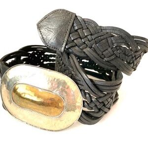 Chico’s wide Black Braided Leather Belt with Silver and Gold Buckle